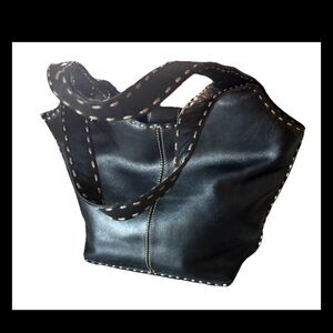 Vintage Fossil Black Leather Tote Shoulder Bag W Whipstitch Detail